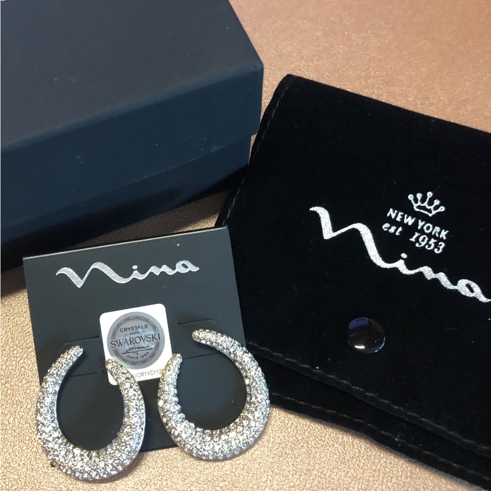 Nina Pavé Hoop Earrings Model E-JAELIE with White Swarovski Crystals - NWT